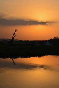 Scenic view of lake against sky during sunset