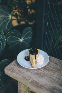 High angle view of dessert in plate on table