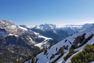 Scenic view of snowcapped mountains against clear sky