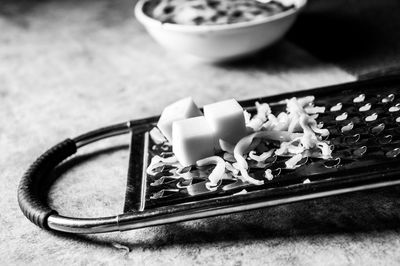 High angle view of ice cream in bowl on table