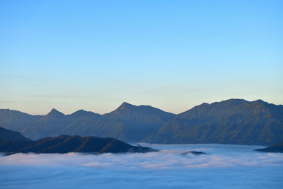 Scenic view of snowcapped mountains against clear sky