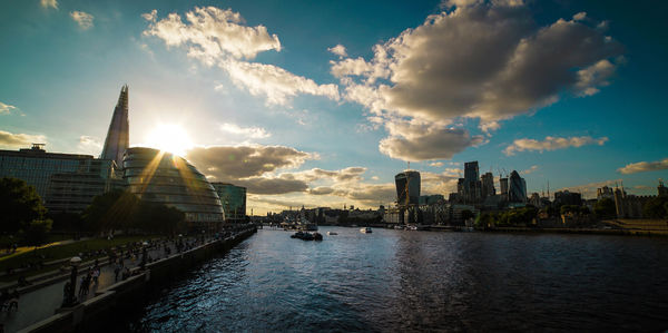 City at waterfront during sunset