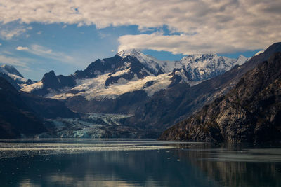 Scenic view of lake and mountains against sky