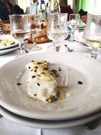 High angle view of meal served on table in restaurant