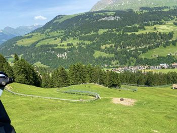 Scenic view of grassy field against mountains