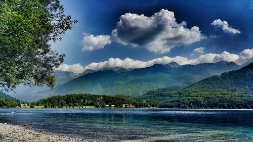 Scenic view of lake against cloudy sky