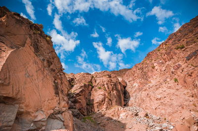 Low angle view of rock formation against sky