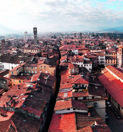 High angle shot of townscape against sky