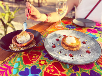 High angle view of dessert in plate on table