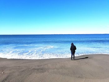 Rear view full length of person standing on shore at beach