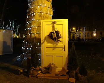 Illuminated christmas tree outside house at night