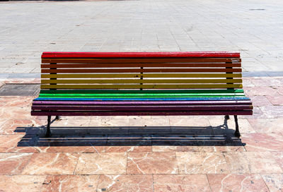 High angle view of empty bench in park