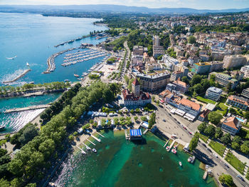 High angle view of buildings in city