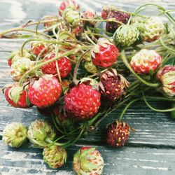 High angle view of strawberries on table