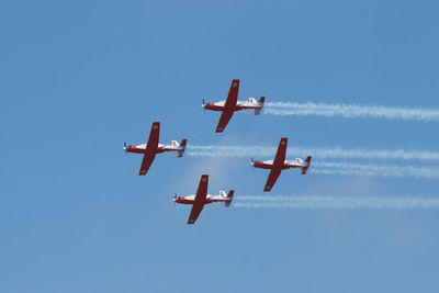 Low angle view of airplane flying against clear blue sky