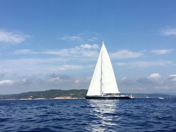 Sailboat sailing in sea against sky