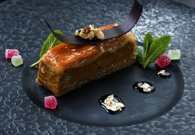 Close-up of dessert served in plate