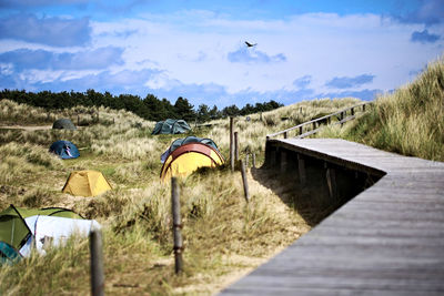 Boardwalk amidst landscape against blue sky during sunny day