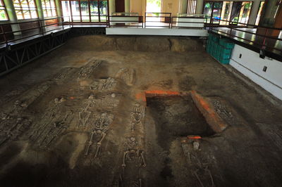 High angle view of people on table in building