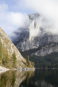 Scenic view of lake by mountains against sky