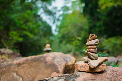 Close-up of stone stacked on rock in forest