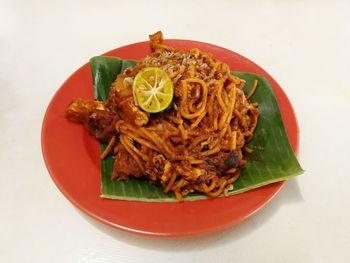 High angle view of pasta in plate