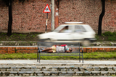 Blurred motion of car on street in city