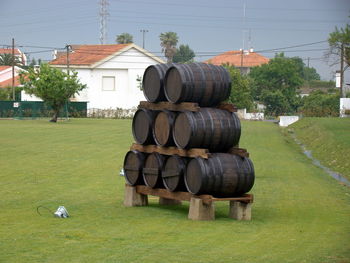 Hay bales on grassy field