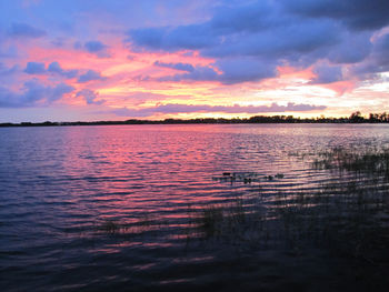 Scenic view of lake against sky at sunset