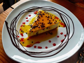 High angle view of cake in plate on table