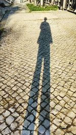 High angle view of people shadow on cobblestone