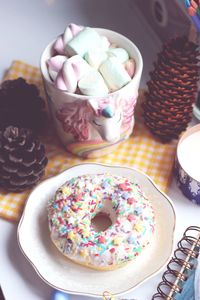 High angle view of dessert on table