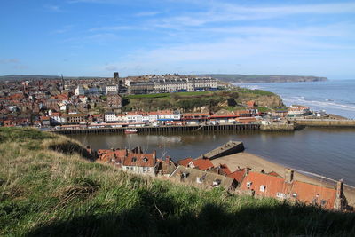 Scenic view of sea by city against sky