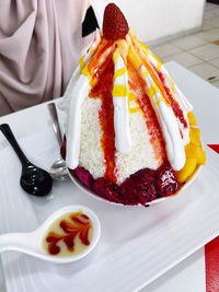 High angle view of cake in plate on table