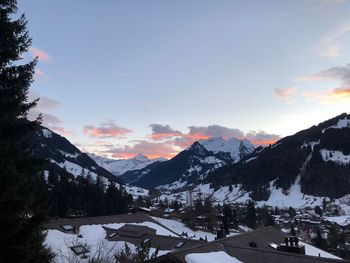 Scenic view of mountains against sky during sunset