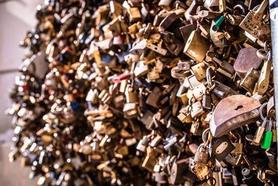 Close-up of padlocks on railing