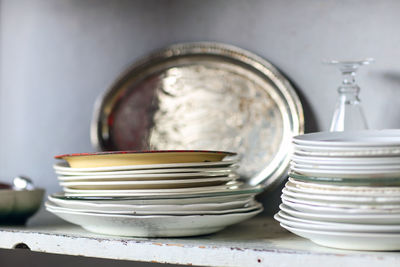 Close-up of stacks of plates