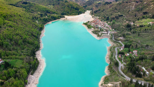 Barcis lake in a panoramic view from above at valcellina-pordenone,place to visit on dolomites