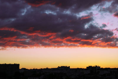 Silhouette buildings against dramatic sky during sunset