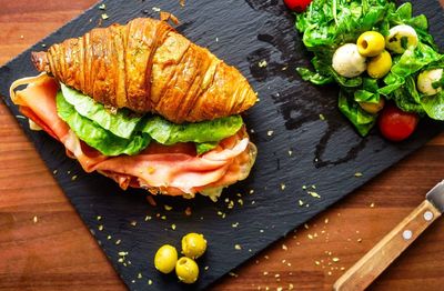 High angle view of food on wooden table