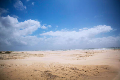 Scenic view of beach against blue sky