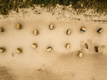 High angle view of beach with beach chairs