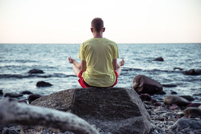 Rear view of man sitting on rock by sea against sky