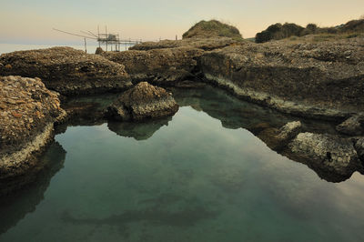 Reflection of rocks in lake against sky