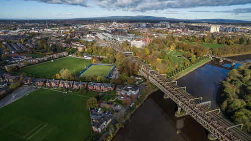 High angle view of bridge and residential district 