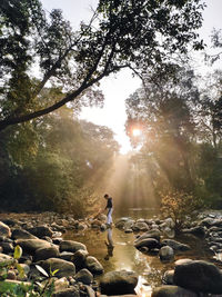Rear view of man walking on rock