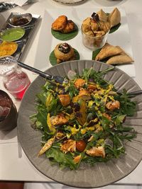 High angle view of food served on table