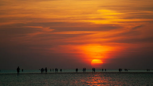 Silhouette people on beach against sky during sunset