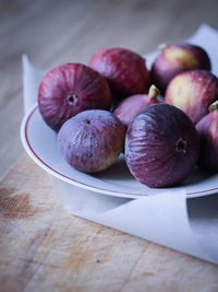 High angle view of fruits in plate on table