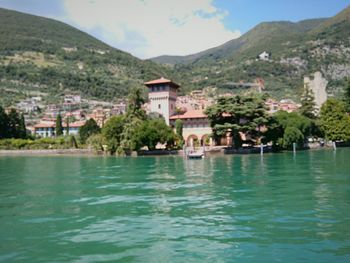 Scenic view of lake in front of mountains